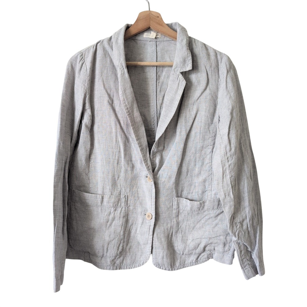 Eileen Fisher Grey Linen Sparkle Metallic Shimmer Two Button Blazer Jacket Small